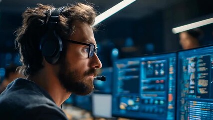 A focused individual wears a headset while working at a computer with visible code on the screen in a modern office environment. - Powered by Adobe