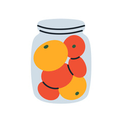 Pickled tomato canned preserved in glass jar. Natural organic vegetables in preservation container. Healthy farm produce, conserve food. Flat vector illustration isolated on white background
