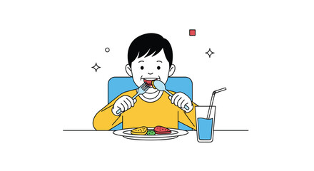 A young boy happily eats a nutritious meal at a table with a glass of water and straw beside him