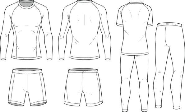 Men&rsquo;s activewear set flat sketch, compression shirt, gym shorts, sports leggings, short sleeve tee, front back view template, vector design