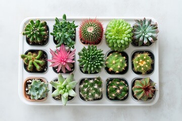 Variety of Cacti and Succulents Displayed on a White Tray in Square Pots