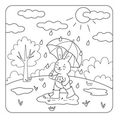 Cute cheerful bunny in boots and carrying an umbrella walks through puddles. Childrens coloring book with animal with simple lines. Vector illustration for kids.