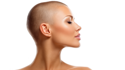 Striking confidence, a portrait of woman with shaved haircut embracing modern beauty.