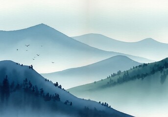 Serene Blue Mountain Watercolor: Misty Peaks and Soaring Birds