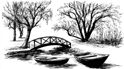 Hand-drawn sketch of a park with a bridge and boats.