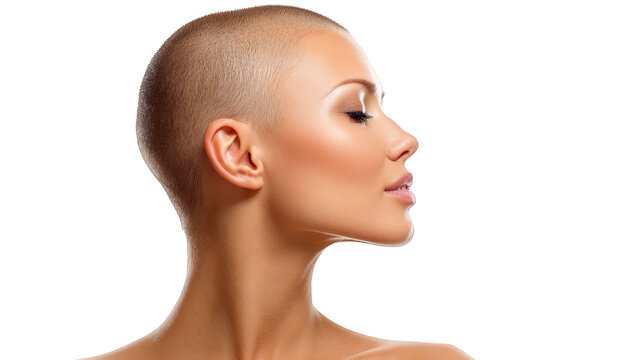 Striking confidence, a portrait of woman with shaved haircut embracing modern beauty.
