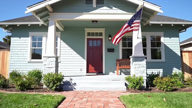 Exterior of Light Blue Suburban House with American Flag and Red Brick Walkway Leading to the Front Porch on a Sunny