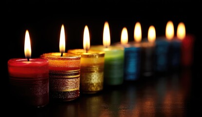 Colorful candles in a row, warm light, dark background
