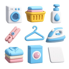 Laundry Icons Collection. Laundry Day: 3D Render of Household Cleaning Essentials