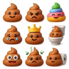 Poop Icons Collection. Emoji Poop Variety: Expressive Cartoon Turds