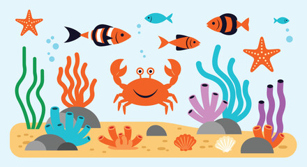 A vibrant underwater scene filled with diverse marine life and colorful corals creating a lively aquatic environment