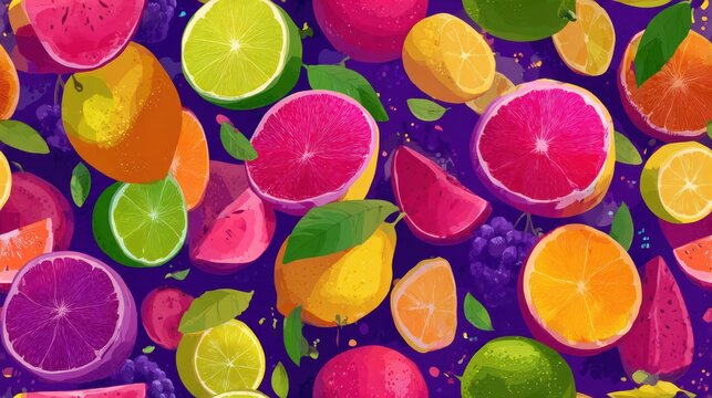 Bright watercolor style fruit assortment on a purple background