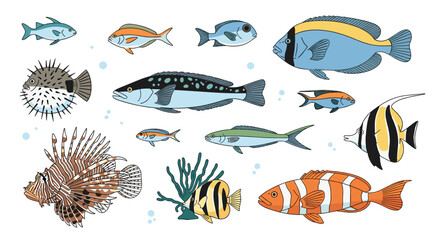 Naklejka premium Vibrant collection of tropical marine wildlife species showcasing diverse underwater ecosystem life forms