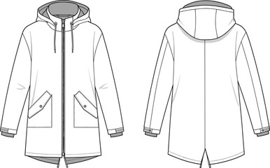Women's technical hooded parka flat sketch, front and back view, waterproof coat, long sleeve, pocket detail, fashion vector template © rayhan039