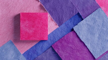 Fototapeta premium A vibrant flatlay showcasing various shades of handmade paper arranged in an overlapping pattern, with a single, square, hot pink piece as a central focus