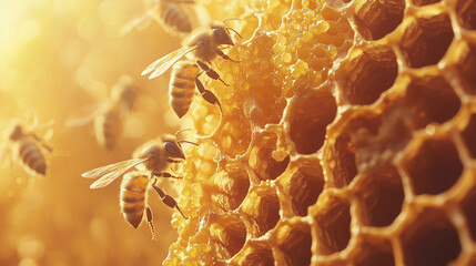 honey bees on honeycombs filled with honey, Honey bees working on honeycomb, generative ai