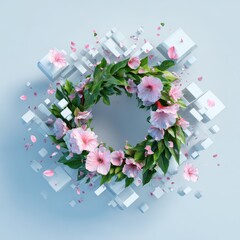 Floral wreath surrounded by exploding white cubes and pink petals on a light gray background