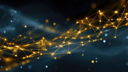 Abstract network of glowing gold points connected by lines, against a dark backdrop with soft blue-gray wisps