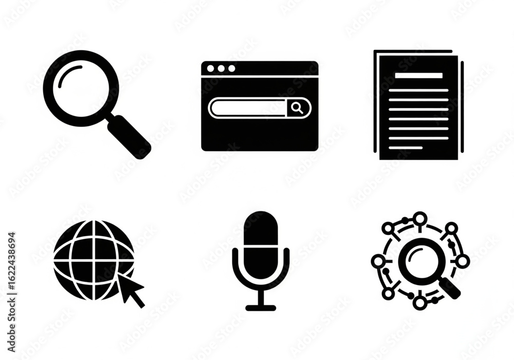 Poster search and find icon set. magnifying glass, web browser, global network, microphone, document and da