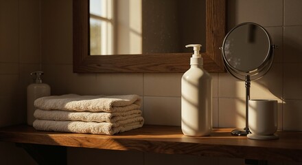 Lotion bottle on bathroom shelf with mirror in golden hour light and soft shadows nostalgic mood
