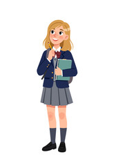 Young blonde student in school uniform holding a notebook and pencil, looking up with a thoughtful expression.