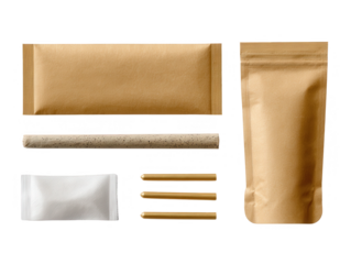 Flat lay of rolling paper, empty tobacco pouch, and filter tips