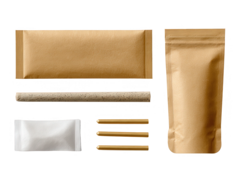 Flat lay of rolling paper, empty tobacco pouch, and filter tips