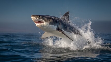 Fototapeta premium A magnificent great white shark leaps out of the ocean, showcasing its power and agility.