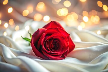 Elegant red rose on silken fabric with soft bokeh lights background