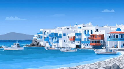Colorful illustration of a seaside village with boats.