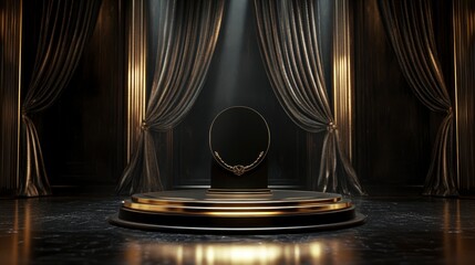 Elegant dark stage with golden accents, empty oval frame on pedestal.