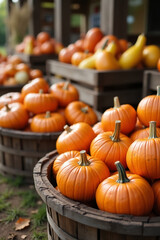 Harvest scene with pumpkins in baskets and wooden boxes