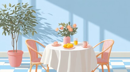 Obraz premium Cozy dining setup with flowers and refreshments in a bright room.