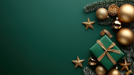 Elegant Christmas decorations with green gift box and ornaments