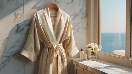 Cozy bathrobe hanging near a window with ocean view.