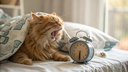 Fluffy Orange Cat Yawning in Bed Next to an Alarm Clock in Morning Light