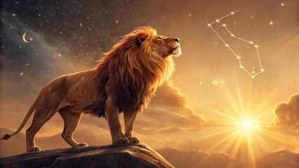 Majestic Lion on Mountain Peak Under a Golden Starry Sky with Constellation