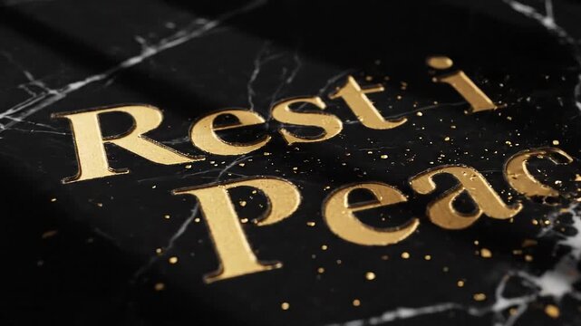 Elegant Black Marble Surface with Golden Text Rest in Peace and Subtle Sparkles