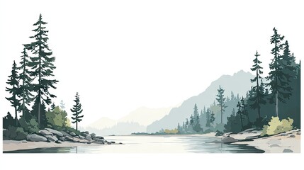 Serene lake scene with towering pines and misty mountains.