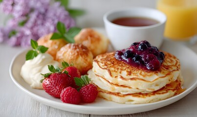 pancakes with strawberries and blueberries