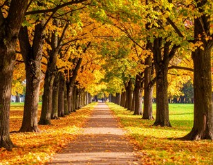 Auntum park alley with tall trees and vibrant orange foliage, fallen leaves covering the pathway, serene and atmospheric fall landscape