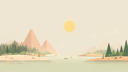 Calm landscape with mountains, trees, and water.