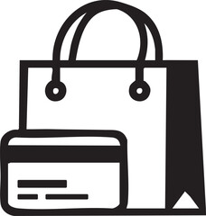 A black and white image of a shopping bag with a credit card and a shopping bag