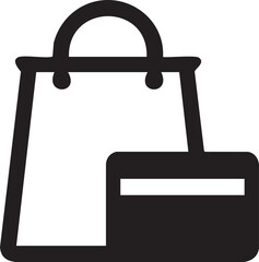 A black and white image of a shopping bag with a credit card and a wallet