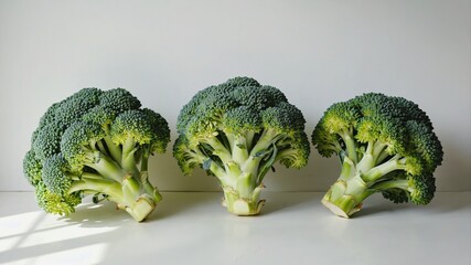 Three fresh heads of broccoli are arranged in a row on a white background. The bright green color and textured details are accentuated by soft natural light.,