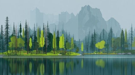 Lakeside forest scene with mountains in the background.