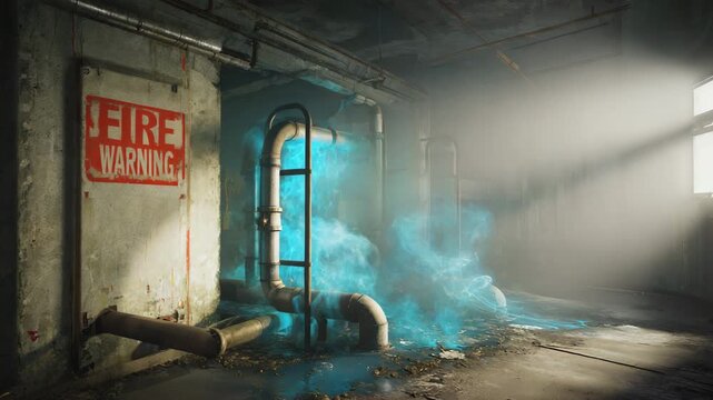 Abandoned Warehouse Interior with Fire Warning Signs and Faintly Glowing Leaking Gas Pipe