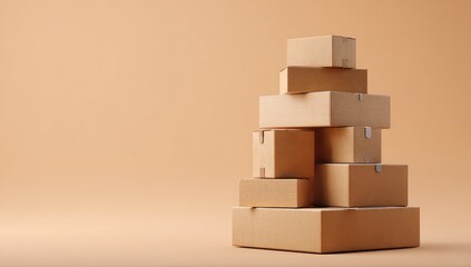Fototapeta premium Stack of cardboard boxes on a beige background