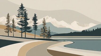 A landscape illustration of a winding road by a serene lake, nestled amongst mountains.