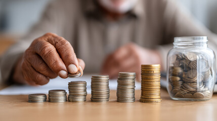 Senior person stacking coins on a table with a jar full of coins in the background